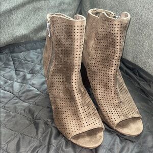 Women's Taupe Perforated Suede Peep-Toe Ankle Booties